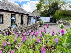a garden with pink flowers in front of a stone building at Swift Cottage in Liskeard