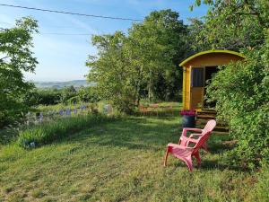 une chaise rose assise dans l'herbe devant une cabine dans l'établissement LES ROULOTTES DU PILAT, à Maclas