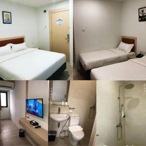 two pictures of a hotel room with two beds and a bathroom at SOVRANO HOTEL BATAM fka PARKSIDE SOVRANO HOTEL in Nagoya