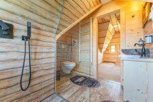 a bathroom with a shower and a toilet at Cabane de Poveste in Bran +27 photos