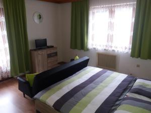 um quarto com uma cama e cortinas verdes e uma televisão em Ferienwohnung Alex em Heiligenblut