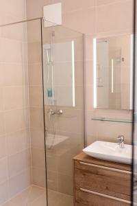 een badkamer met een douche en een wastafel bij Haus Karlsbad - neu und modern in Velden am Wörthersee