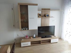 Sea & Sun apartments في Žman: غرفة معيشة مع تلفزيون بشاشة مسطحة على مركز ترفيهي خشبي