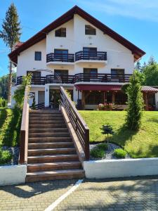 a house with stairs in front of it at Pensiunea Andias in Suceviţa