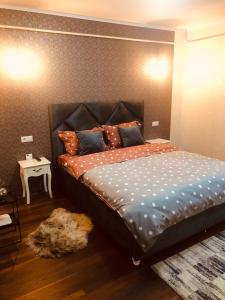 a bedroom with a bed with a headboard and a rug at Laguna Apartament in Brăila