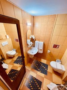 ein Badezimmer mit zwei Toiletten und einem Waschbecken in der Unterkunft Pensiunea Andias in Suceviţa