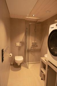 a bathroom with a shower and a toilet and a sink at Modern apartment in Henningsvær in Henningsvær