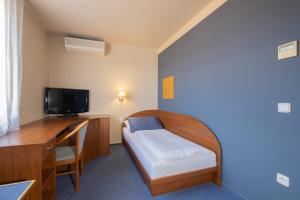 Schlafzimmer mit einem Bett, einem Schreibtisch und einem TV in der Unterkunft Hotel Mohelnice in Mohelnice