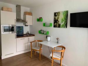 a kitchen with a table and two chairs and a small table with a refrigerator at Ferienwohnungen Wolke in Regensburg