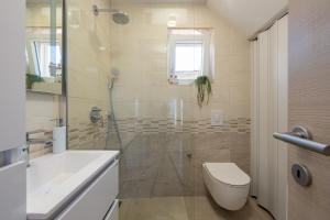 y baño con ducha, aseo y lavamanos. en R&B Family Apartments, en Sveti Filip i Jakov
