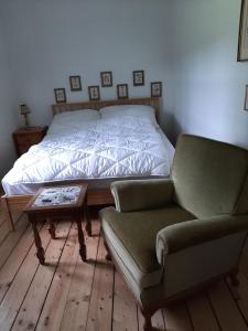 ein Schlafzimmer mit einem Bett, einem Stuhl und einem Tisch in der Unterkunft Zankl in Lavamünd