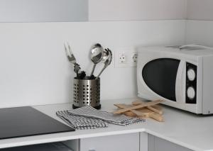 un horno microondas blanco sentado en una encimera de cocina en KASETAS APARTMENT’S, en Sarria