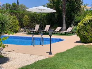 a swimming pool with an umbrella and lounge chairs next to it at Beach Villa Sofia in Neo Chorio