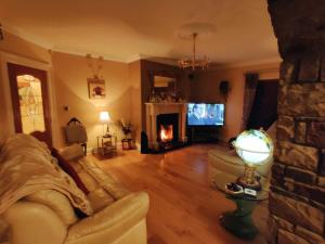 sala de estar con sofá y chimenea en 'Kealan' Luxury Double Room, en Foxford