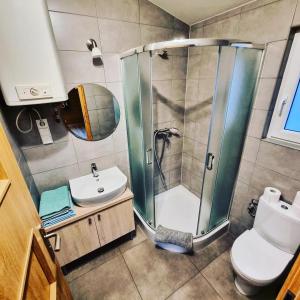 a bathroom with a shower and a toilet and a sink at Wakacje na Wyspie in Gdańsk