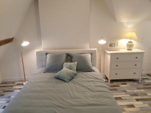 ein Schlafzimmer mit einem Bett mit zwei Kissen und einer Kommode in der Unterkunft Un petit coin de Cathédrale in Beauvais