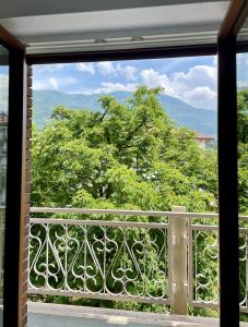 トレントにあるDomus Fersinaのバルコニーから木の景色を望む窓