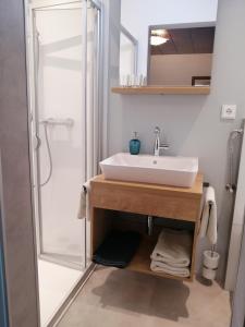 a bathroom with a sink and a shower at Gasthaus Schachinger in Tumeltsham