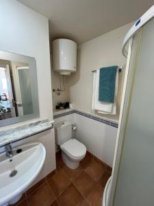 a bathroom with a toilet and a sink and a mirror at Apartamentos Alegro in Poris de Abona