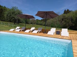 een groep stoelen en parasols naast een zwembad bij Le Clos du Cerf - Le Sous-bois in Stoumont