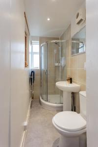 a bathroom with a shower and a toilet and a sink at ENTIRE Lovely Scottish Cottage in Selkirk