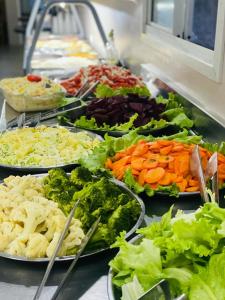 una línea de buffet con muchos tipos diferentes de verduras en Hotel Zata e Flats, en Criciúma