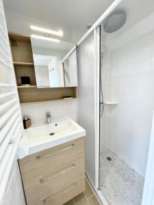 uma casa de banho com um lavatório e um chuveiro em Maisonnette de charme - Refaite à neuf - Vue mer em Guidel