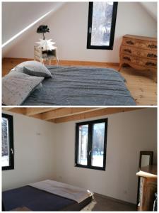 sypialnia z łóżkiem w pokoju z oknami w obiekcie Maison dans parc clôturé w mieście Barcelonnette