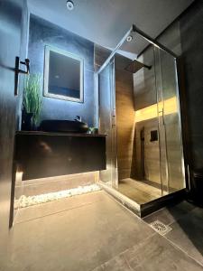 a bathroom with a shower and a sink and a tv at Luxury Black and White Interior Apartments in Kalamata