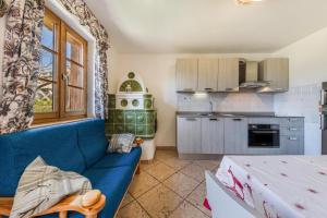 a living room with a blue couch and a kitchen at Ciasa Sommavilla Calendula in Vigo di Fassa