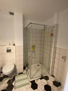 a bathroom with a shower stall and a toilet at Ave Hotel Victoriei in Bucharest