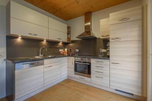 una cocina con armarios blancos y electrodomésticos de acero inoxidable en Ferienlodge MaResi, en Bad Goisern