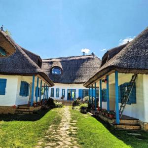 una casa con tetti di paglia e un prato di 5 Chirpici - Small Traditional Resort a Murighiol