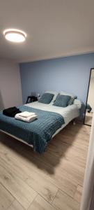 ein Schlafzimmer mit einem großen Bett mit blauen Wänden in der Unterkunft HOME HOSE in Monistrol-sur-Loire