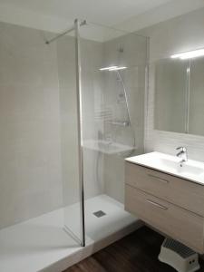 a white bathroom with a shower and a sink at Les Comptoirs in Saint Malo