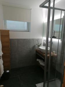 bagno con lavandino e specchio di Haus Gastl ad Arzl im Pitztal