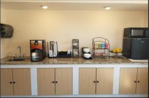 a kitchen with a counter with a sink and a microwave at Horizon Inn Norcross in Norcross