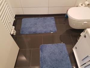 a bathroom with blue rugs on the floor next to a toilet at Zimmer mit eigenem Bad in Märchenstadt! in Heidelberg