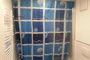 a shower with a blue and white shower curtain at Zimmer mit eigenem Bad in Märchenstadt! in Heidelberg