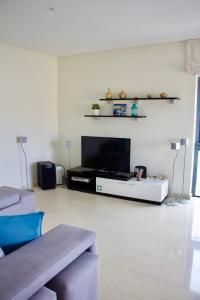 een woonkamer met een tv en een bank bij Victoria Gardens Luxury Apartment in Quarteira