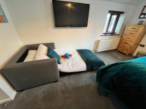 a bedroom with a couch and a flat screen tv at Camellia Cottage in Camborne