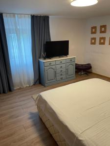 a bedroom with a bed and a flat screen tv at Casa Arts Vadu in Vadu