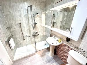 a bathroom with a shower and a sink and a toilet at Seven Limes in Southwell