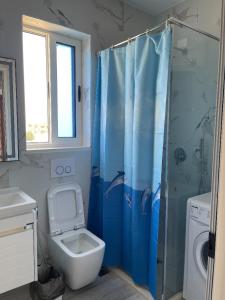 a bathroom with a dolphin shower curtain and a toilet at Casa de la Playa in Shkodër