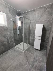 a bathroom with a shower with a glass door at Logement 45 m2 vue mer in San-Martino-di-Lota +15 photos