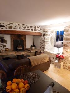 sala de estar con sofá y chimenea en Maison de 2 chambres a Lanarce a 800 m de la plage avec sauna et jardin clos, en Lanarce