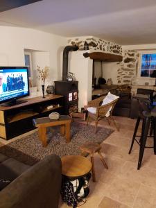 sala de estar con sofá, TV y chimenea en Maison de 2 chambres a Lanarce a 800 m de la plage avec sauna et jardin clos, en Lanarce