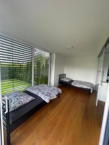 two beds in a room with a window at Schöne Gartenwohnung mit Carport und Terrasse! in Graz