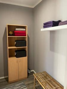 a room with a shelf and a closet with towels at Spacious Ausekla apartment in Liepāja +3 photos
