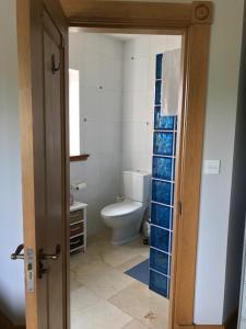 a bathroom with a toilet and a door open at Park View in Glenties